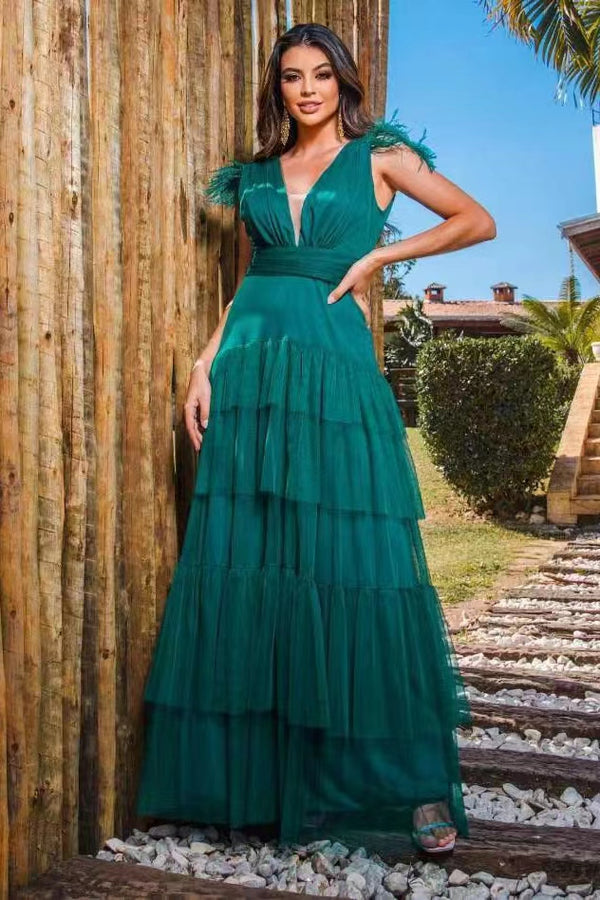 Deep V-Neck Tulle Prom Dress With Feathers Layered Peacock Straps