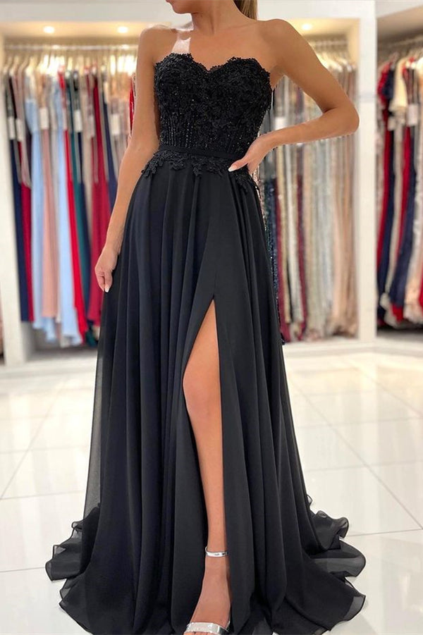 Sweetheart Black Prom Dress with Appliques and Split