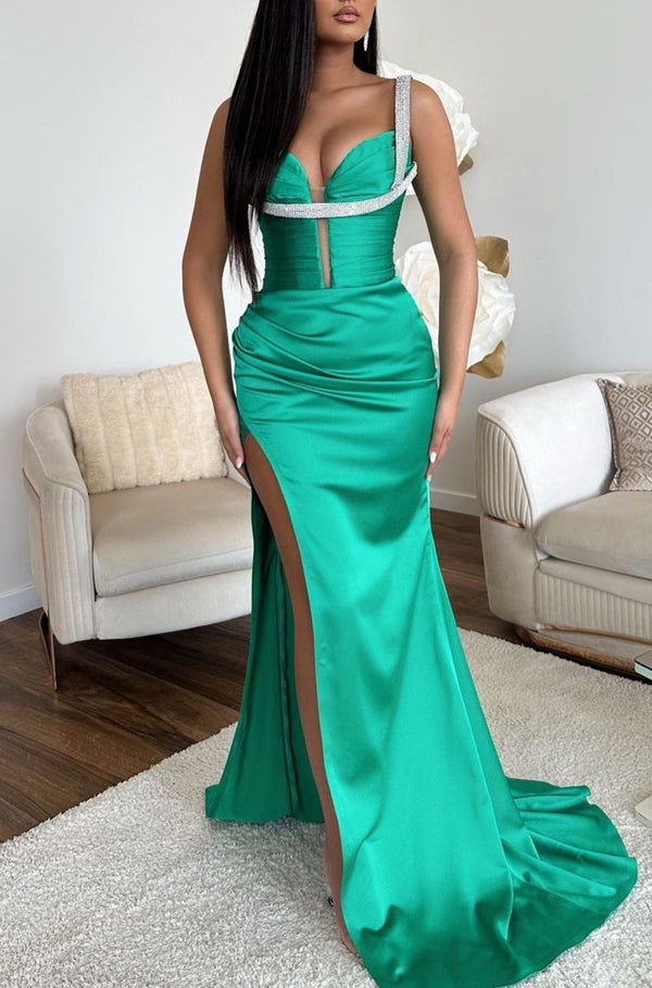 Sleeveless Spaghetti Strap Jade Prom Dress with High Slit V Neck Mermaid