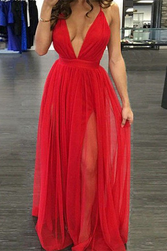 Deep V-Neck Long Prom Dress in Red with Slit