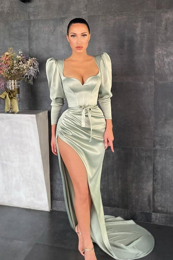 Long Sleeves Prom Dress Split With A Bowknot in Dusty Sage