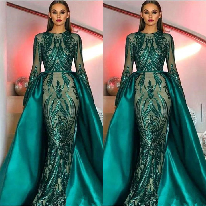 Green Sequins Mermaid Prom Dress With Detachable Skirt