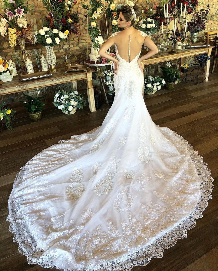 Bmbride Long Mermaid Lace Wedding Dress with Cap Sleeves