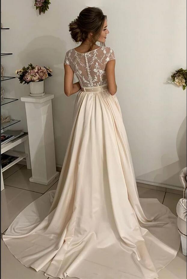 Bmbride Long A-line Jewel Stretch Satin Lace Wedding Dresses