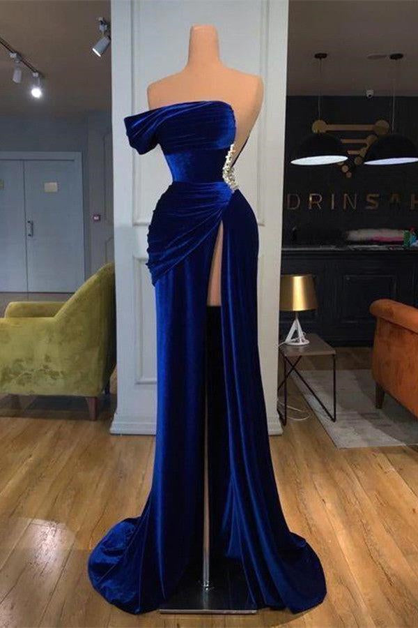 One-Shoulder Dark Blue Mermaid Prom Dress with Bead Embellishments and Long Split