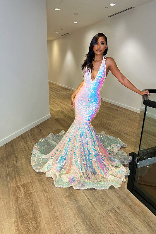 Sequins Halter Evening Dress with V Neck Mermaid Tulle