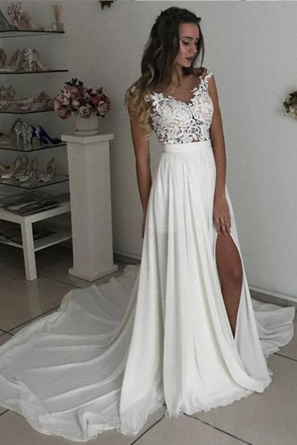 Bmbride Long A-line V-neck Chiffon Lace Wedding Dress with Slit