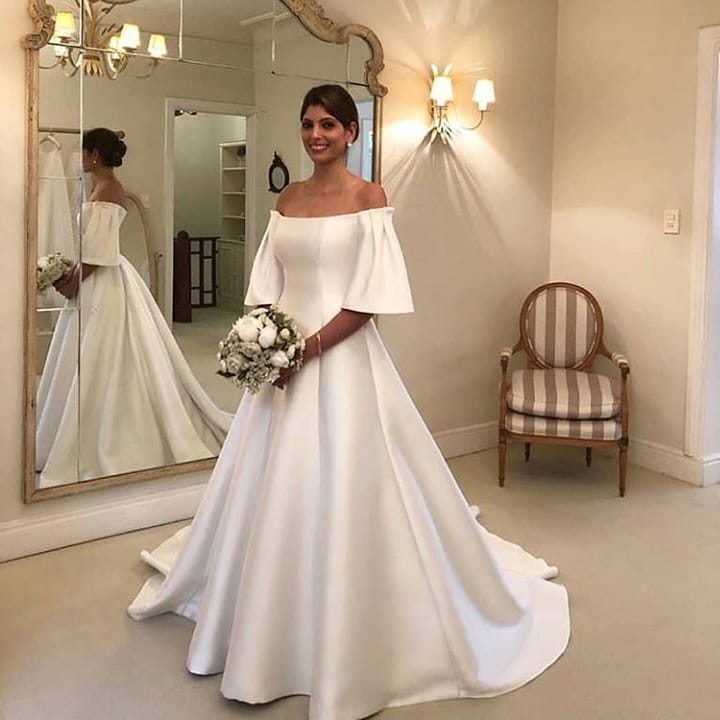 Bmbride A-Line Off-the-Shoulder Short Sleeve Satin Ruffles Train Wedding Dress