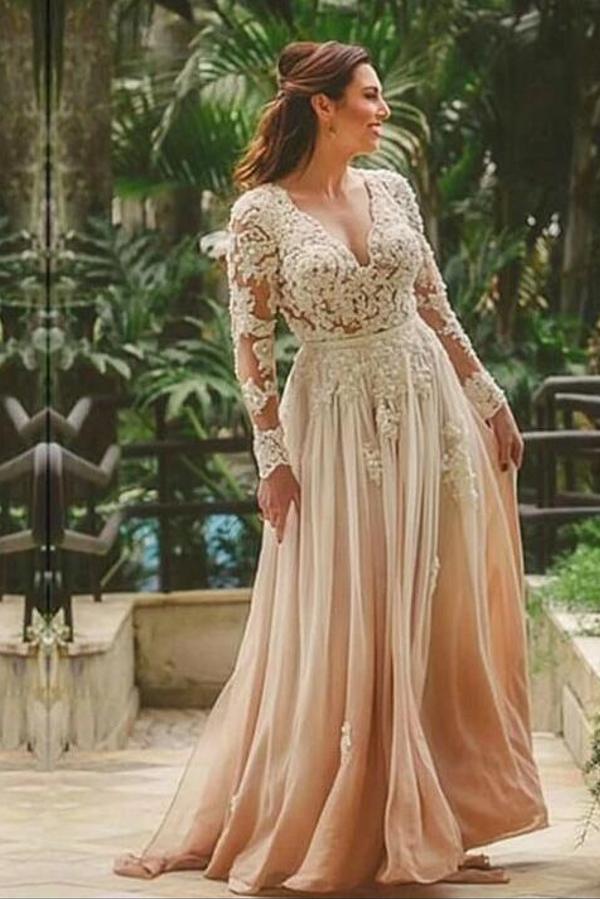 Bmbride Long A-line V-neck Chiffon Lace Backless Wedding Dresses with Sleeves