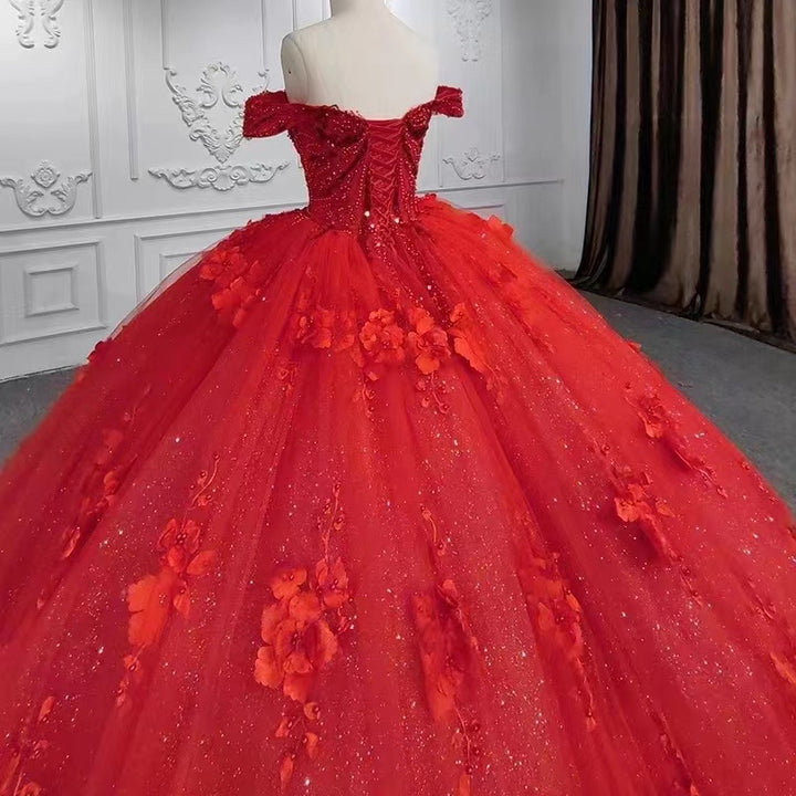 Bmbride Red Long Ball Gown Off Shoulder Tulle Lace Prom Dress