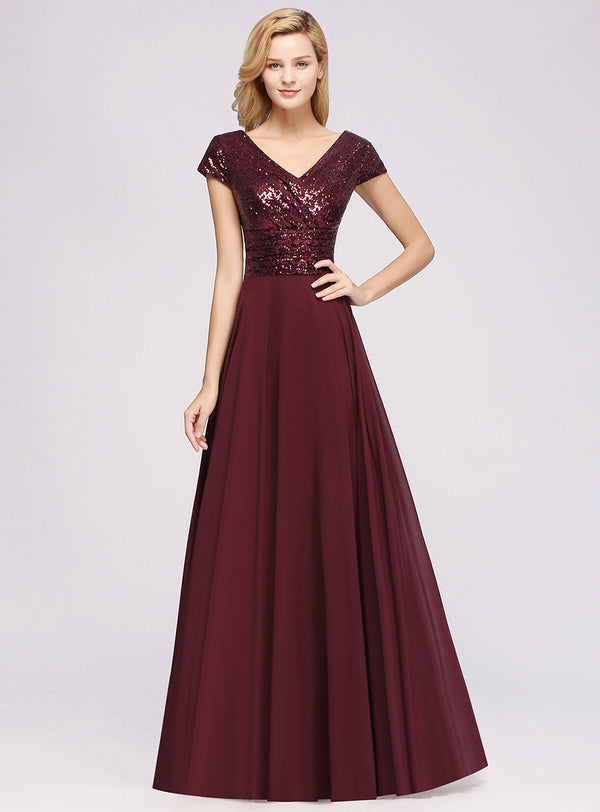 A-line Sequins  Chiffon Floor-Length Bridesmaid Dress Burgundy