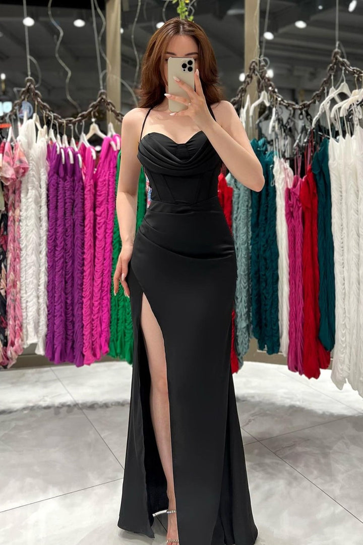 Spaghetti Strap Black Evening Dress Gown With High Slit