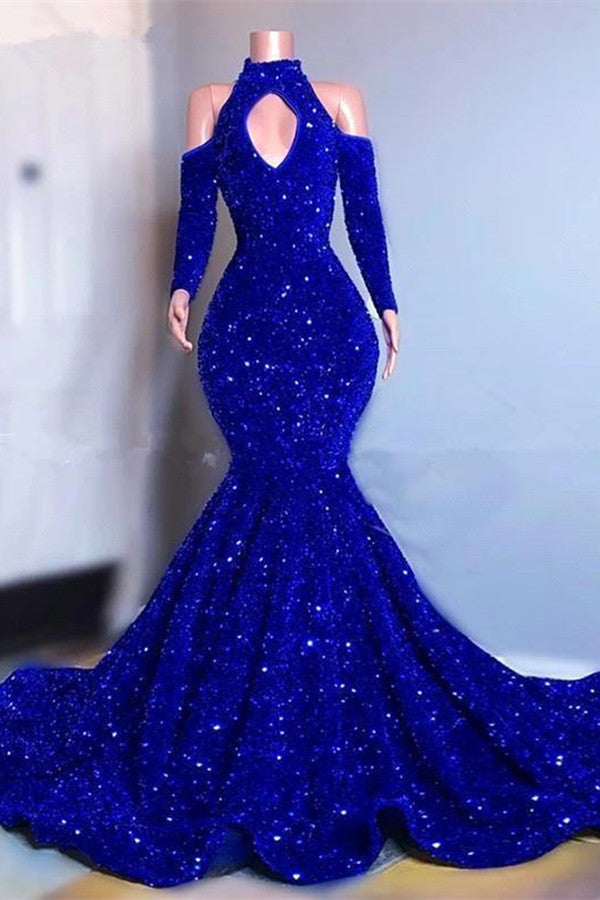 Sequin High Collar Royal Blue Mermaid Long Prom Dress with Long Sleeves