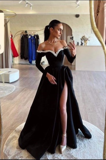 Long Black A-Line Prom Dress with Pleated Design and High Slit