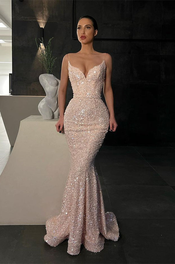 Spaghetti Strap Long Mermaid Evening Dress With Sequins