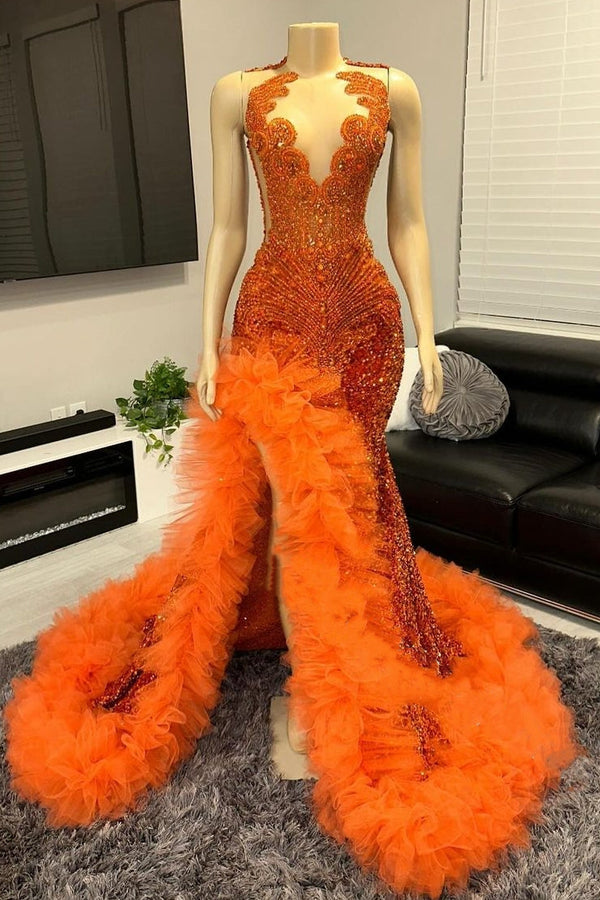 V-neck Orange Beaded Tulle Ruffles Sequin Prom Dress