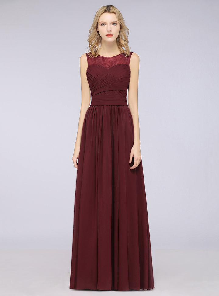 A-line Scoop Neck Ruched Chiffon Floor-Length Dress Burgundy Koscy 1