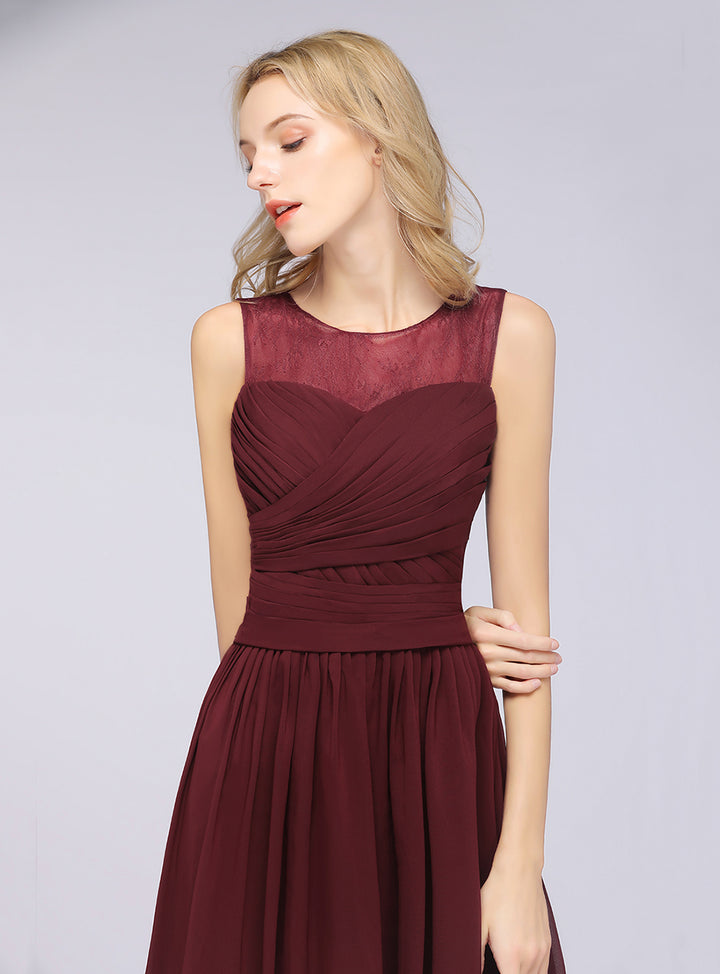 A-line Scoop Neck Ruched Chiffon Floor-Length Dress Burgundy Koscy 10