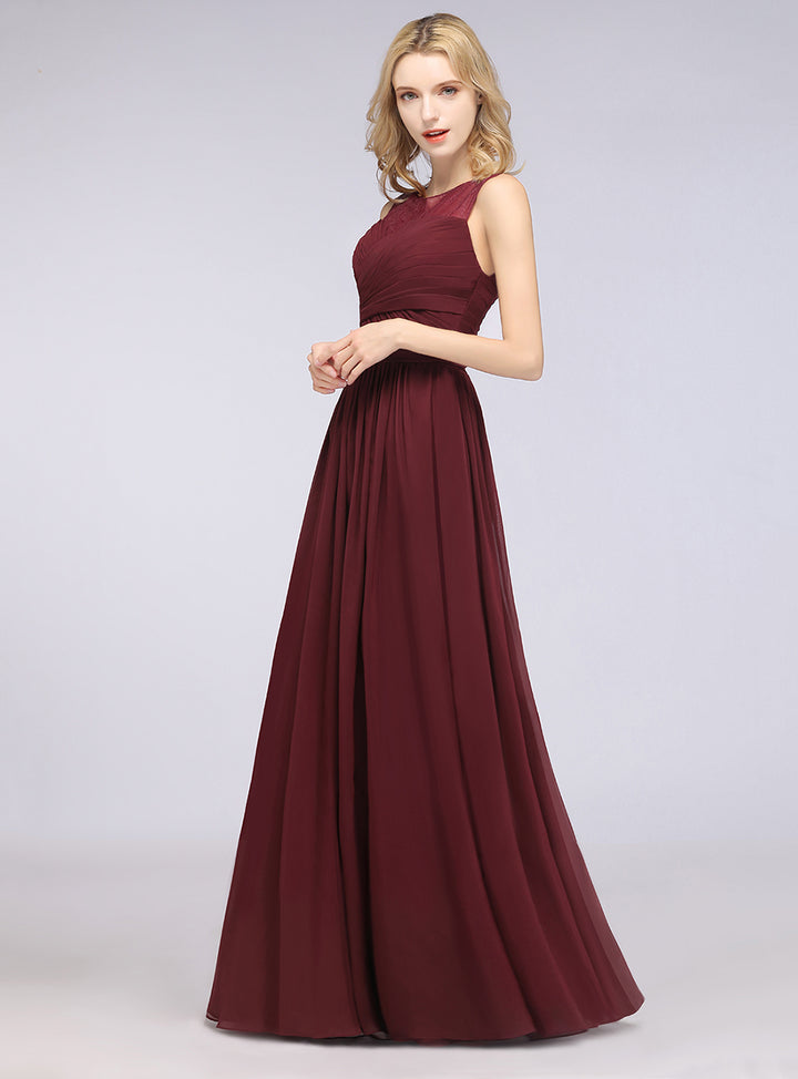 A-line Scoop Neck Ruched Chiffon Floor-Length Dress Burgundy Koscy 11