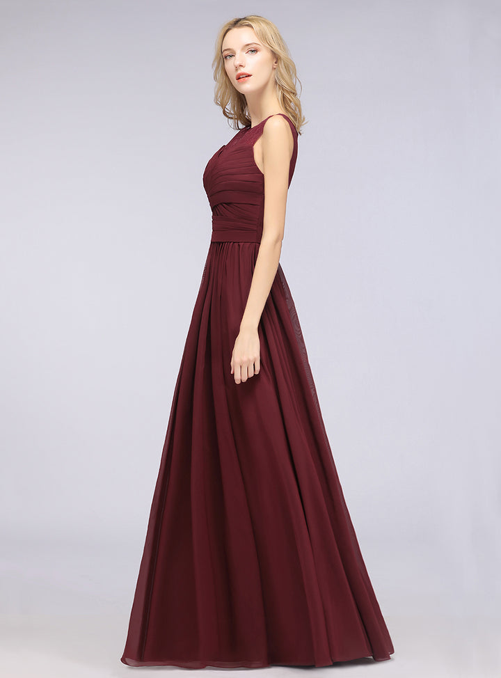 A-line Scoop Neck Ruched Chiffon Floor-Length Dress Burgundy Koscy 12