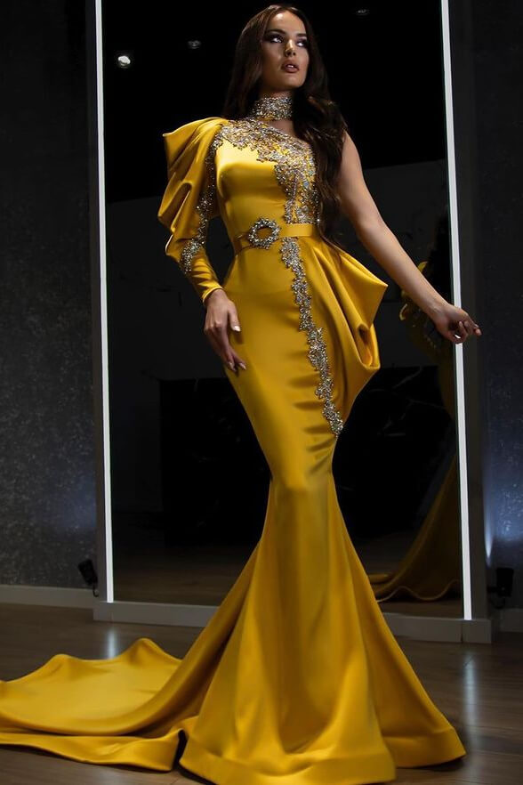 Yellow Halter Mermaid Evening Dress With Beadings One Shoulder Long Sleeve