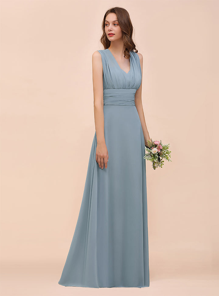 Dusty Blue A-Line Ruched Straps Sleeveless Floor-Length Dress Koscy 3