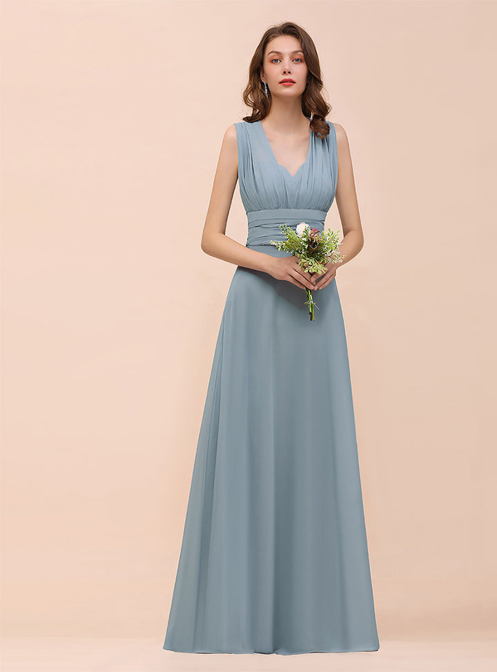 Dusty Blue A-Line Ruched Straps Sleeveless Floor-Length Dress Koscy 2