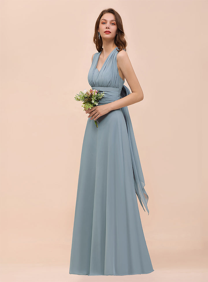 Dusty Blue A-Line Ruched Straps Sleeveless Floor-Length Dress Koscy 4