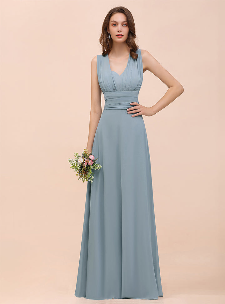 Dusty Blue A-Line Ruched Straps Sleeveless Floor-Length Dress Koscy 1