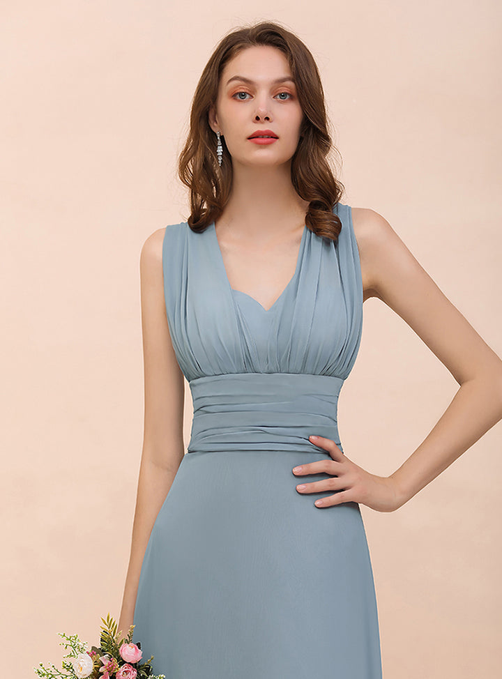 Dusty Blue A-Line Ruched Straps Sleeveless Floor-Length Dress Koscy 5