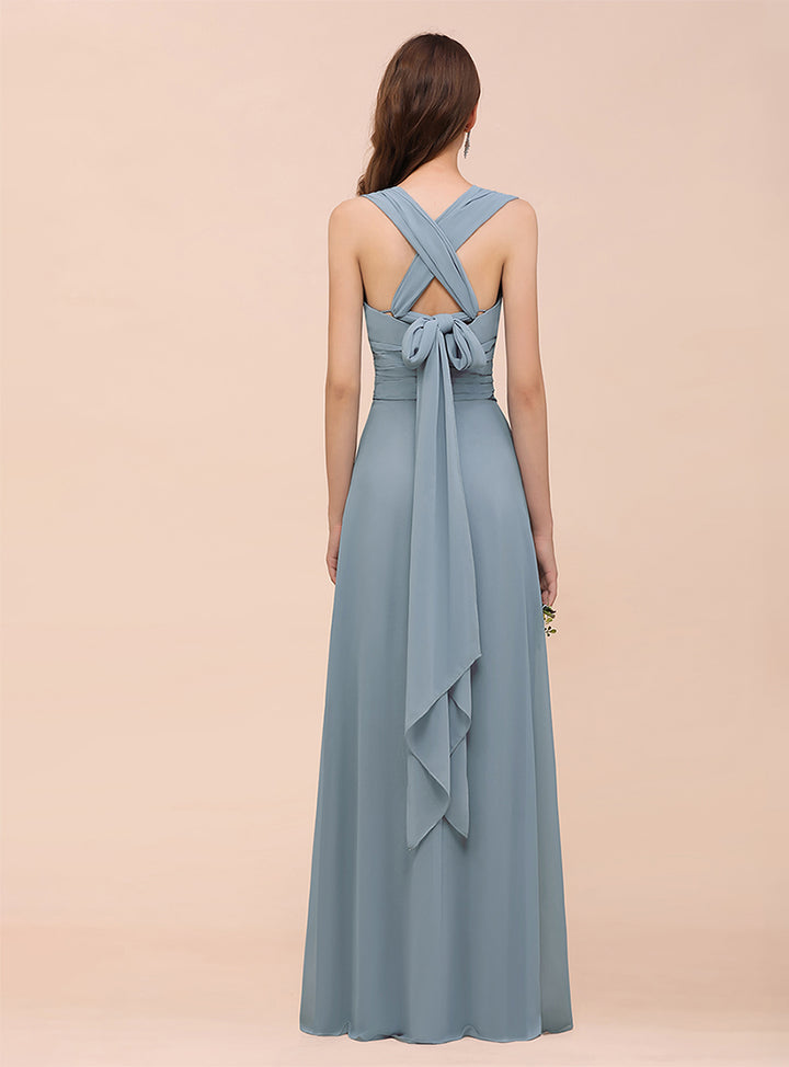 Dusty Blue A-Line Ruched Straps Sleeveless Floor-Length Dress Koscy 6