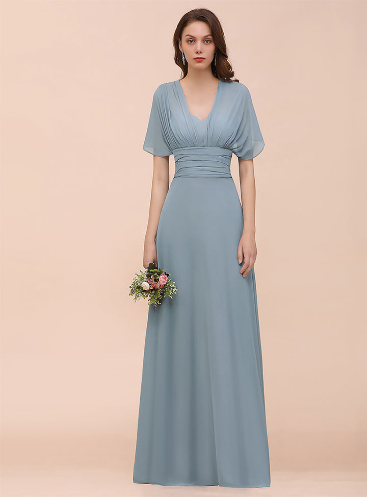 Dusty Blue A-Line Ruched Straps Sleeveless Floor-Length Dress Koscy 7