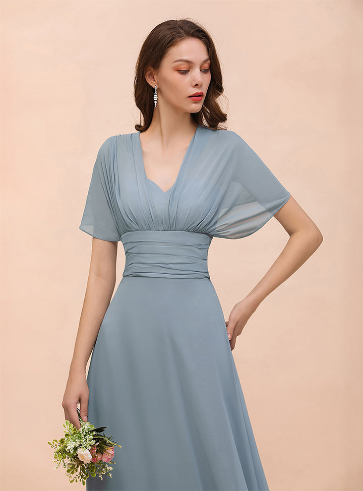 Dusty Blue A-Line Ruched Straps Sleeveless Floor-Length Dress Koscy 8