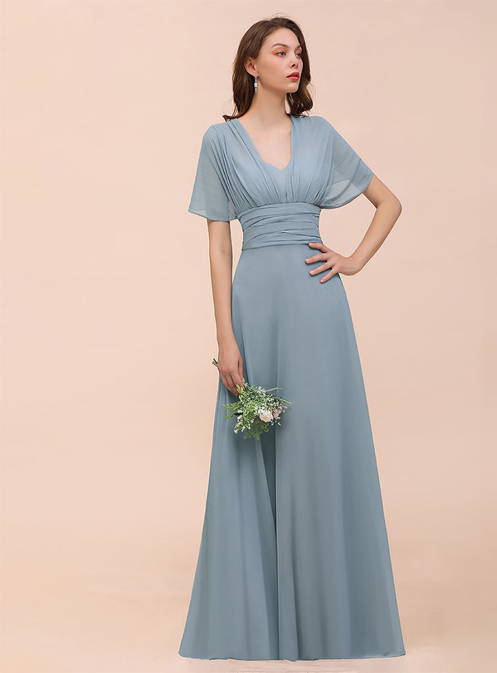 Dusty Blue A-Line Ruched Straps Sleeveless Floor-Length Dress Koscy 9