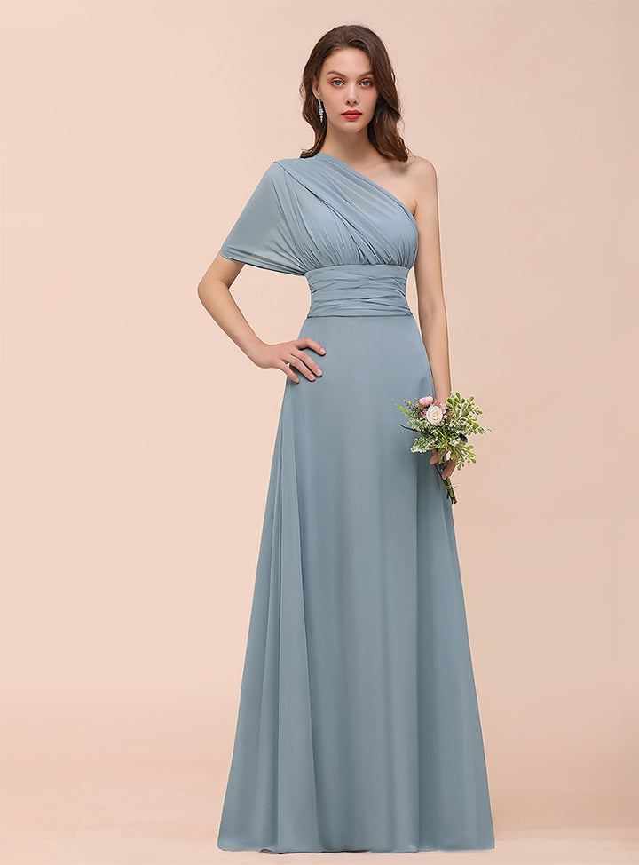 Dusty Blue A-Line Ruched Straps Sleeveless Floor-Length Dress Koscy 10