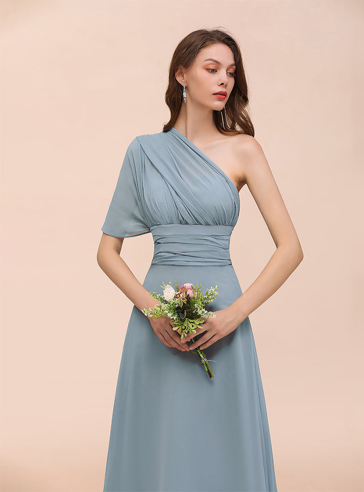 Dusty Blue A-Line Ruched Straps Sleeveless Floor-Length Dress Koscy 11