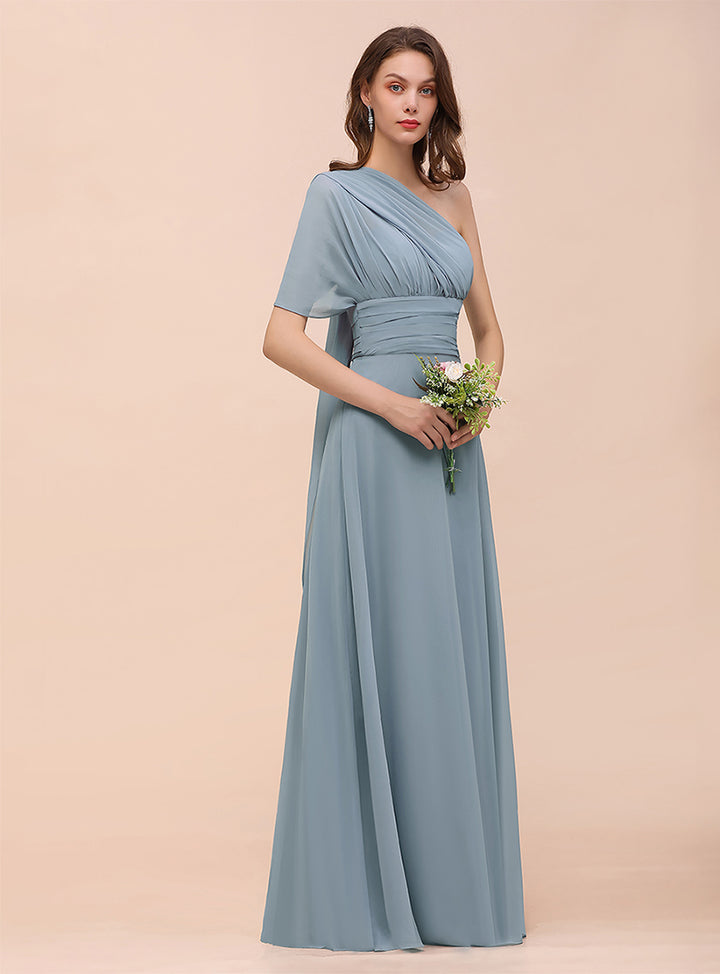 Dusty Blue A-Line Ruched Straps Sleeveless Floor-Length Dress Koscy 12