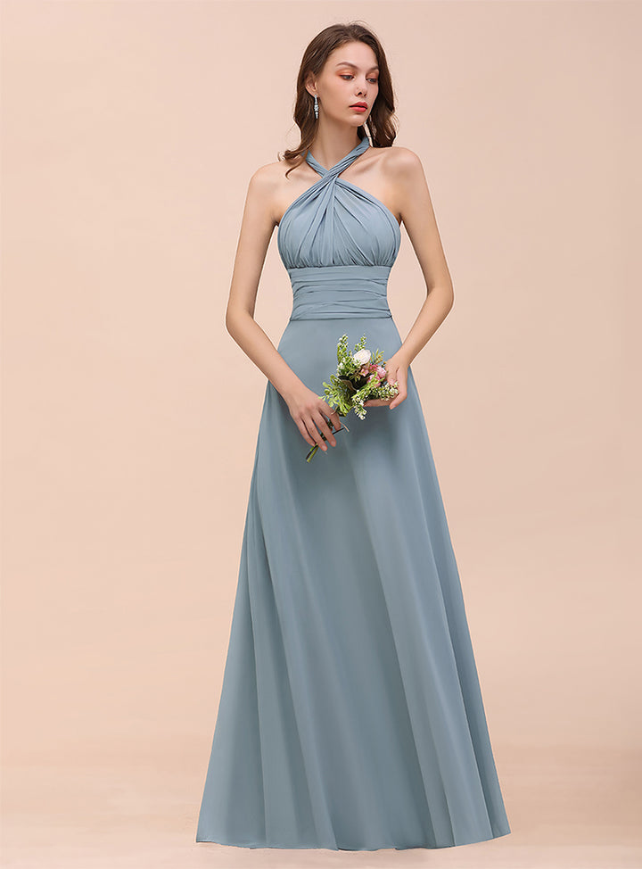 Dusty Blue A-Line Ruched Straps Sleeveless Floor-Length Dress Koscy 14