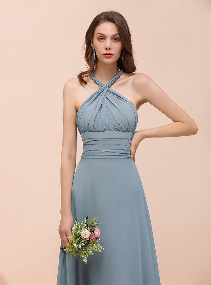 Dusty Blue A-Line Ruched Straps Sleeveless Floor-Length Dress Koscy 15