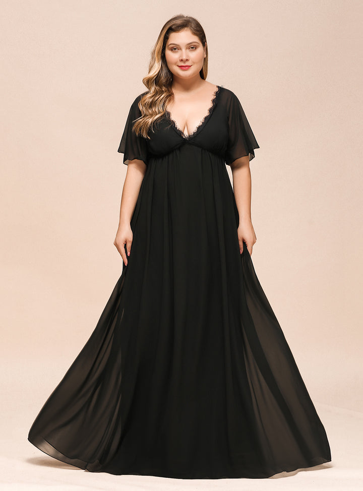 A-line Short Sleeves Chiffon Floor-Length Dress Black Koscy 1