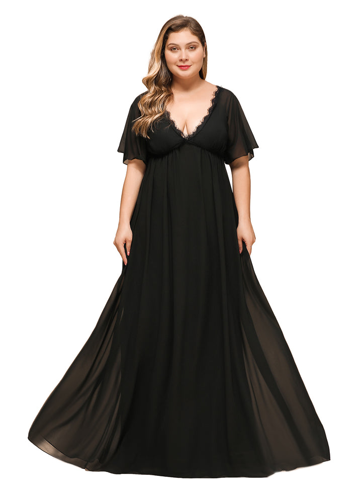 A-line Short Sleeves Chiffon Floor-Length Dress Black Koscy 2