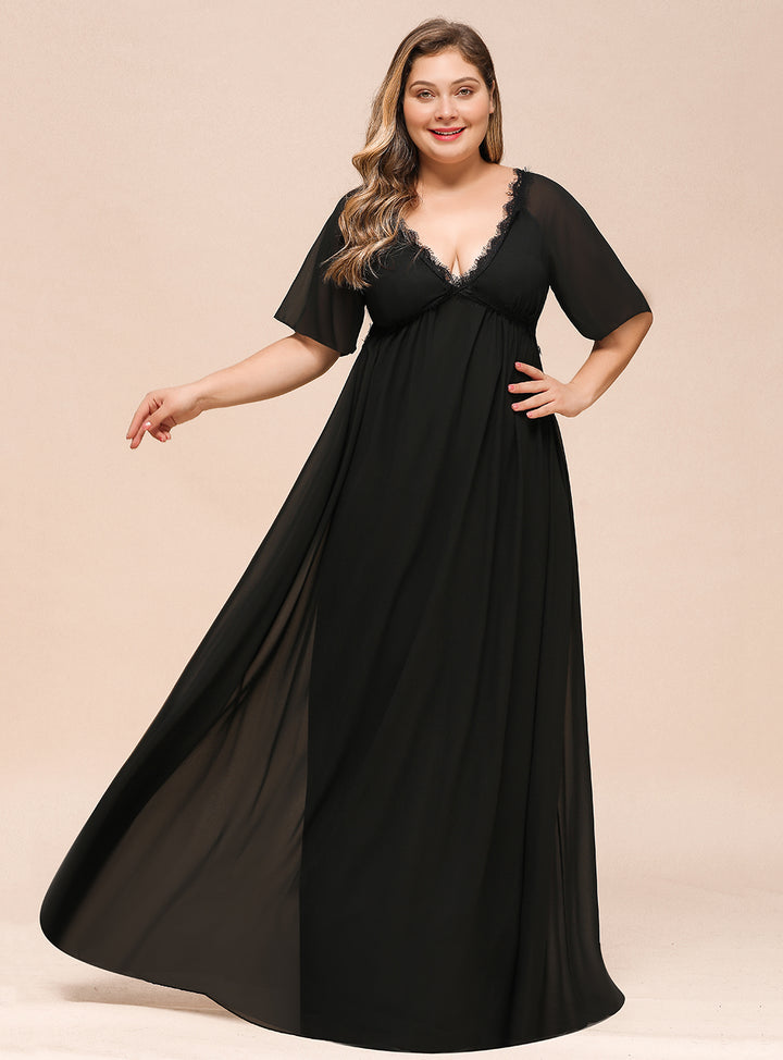 A-line Short Sleeves Chiffon Floor-Length Dress Black Koscy 3