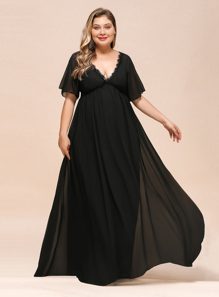 A-line Short Sleeves Chiffon Floor-Length Dress Black Koscy 4