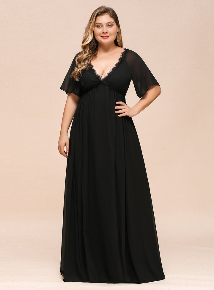 A-line Short Sleeves Chiffon Floor-Length Dress Black Koscy 5