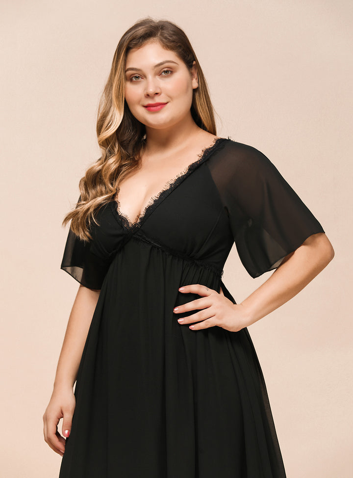 A-line Short Sleeves Chiffon Floor-Length Dress Black Koscy 6