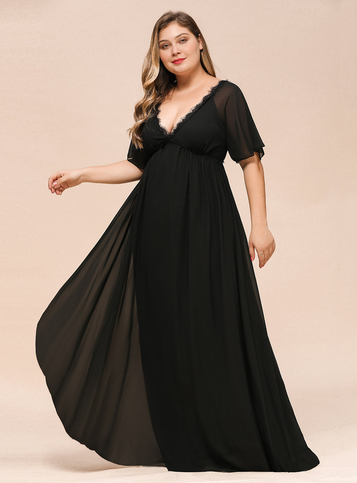 A-line Short Sleeves Chiffon Floor-Length Dress Black Koscy 7