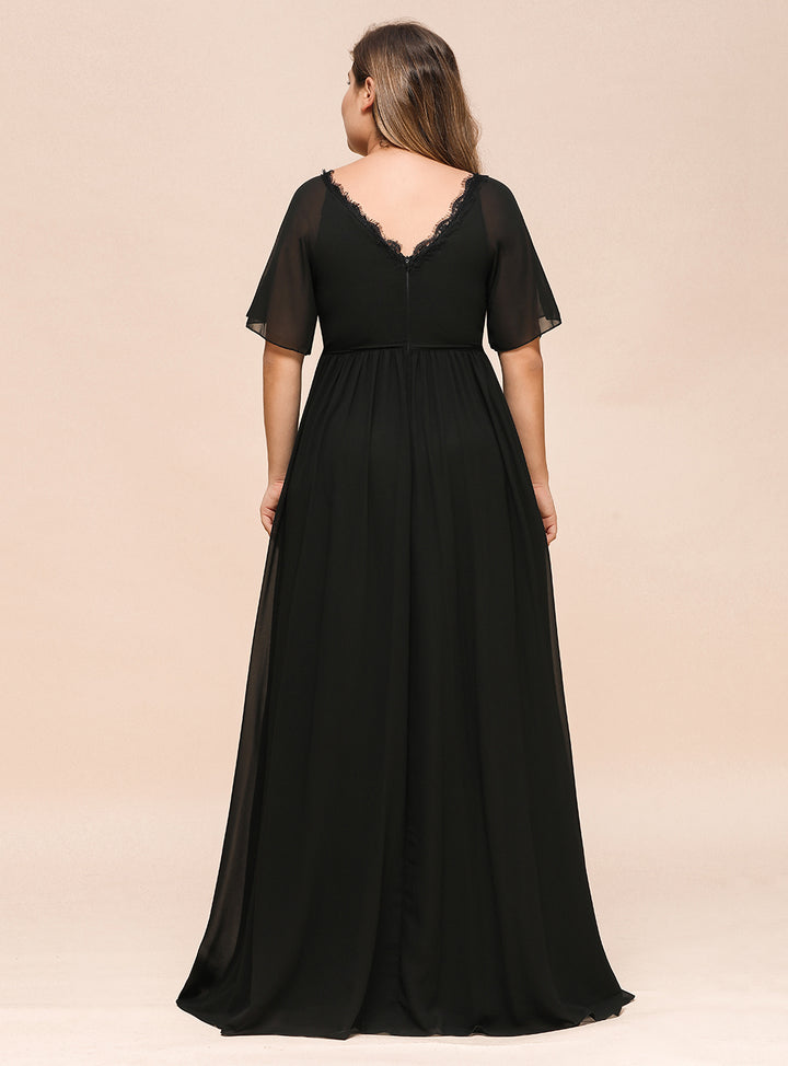 A-line Short Sleeves Chiffon Floor-Length Dress Black Koscy 8