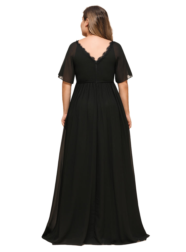 A-line Short Sleeves Chiffon Floor-Length Dress Black Koscy 9