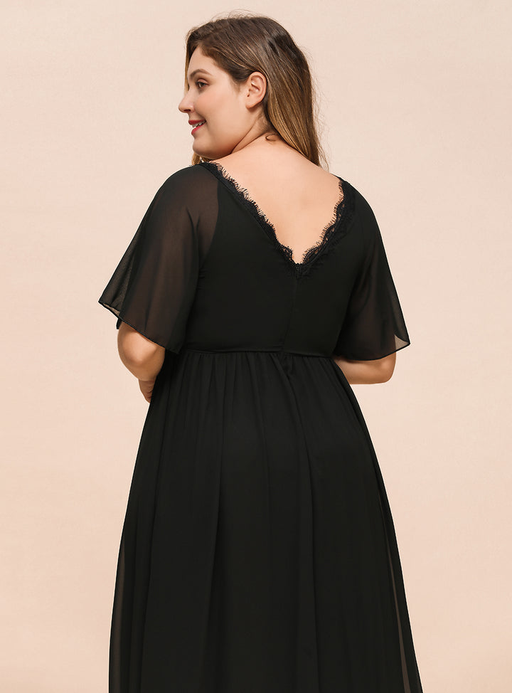 A-line Short Sleeves Chiffon Floor-Length Dress Black Koscy 10