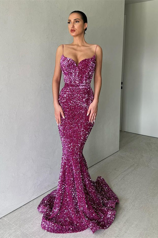 Mermaid Purple Sequins Evening Dress with Spaghetti Straps